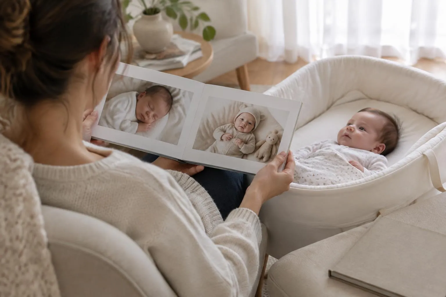 A new mum showing a baby in a cot an open new baby photo book gift