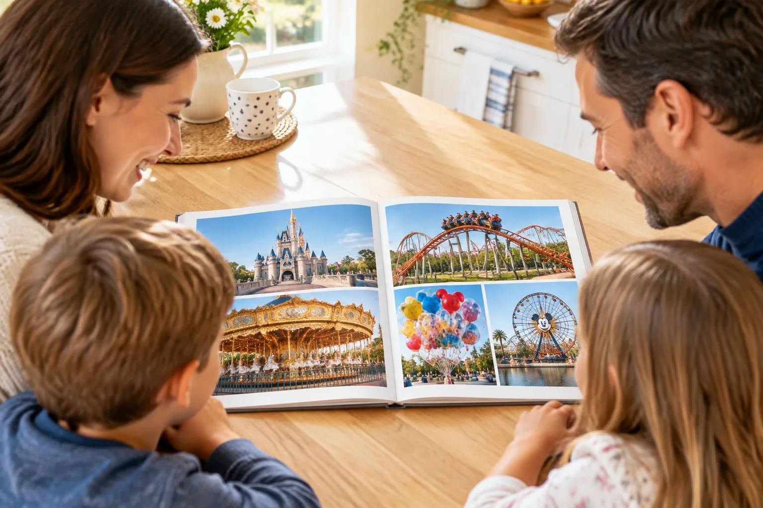 A family enjoying their theme park holiday photo book